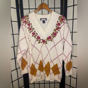 Vintage Princeton Club Embroidered Flowers Sweater Pullover Ramie Knit Sweater M